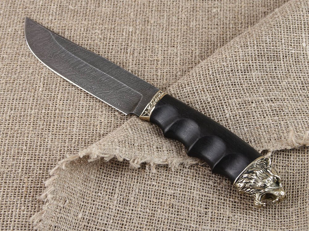 Нож "Тигр большой", дамасская сталь, рукоять черный граб мореный, литье голова зверя