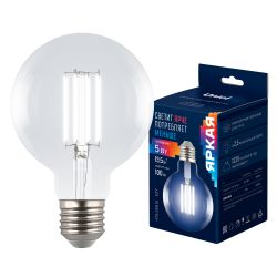 LED-G95-5W-4000K-E27-CL GLY01TR Лампа светодиодная. Форма шар. прозрачная. Серия Яркая A++. Белый свет 4000K. Картон. ТМ Uniel