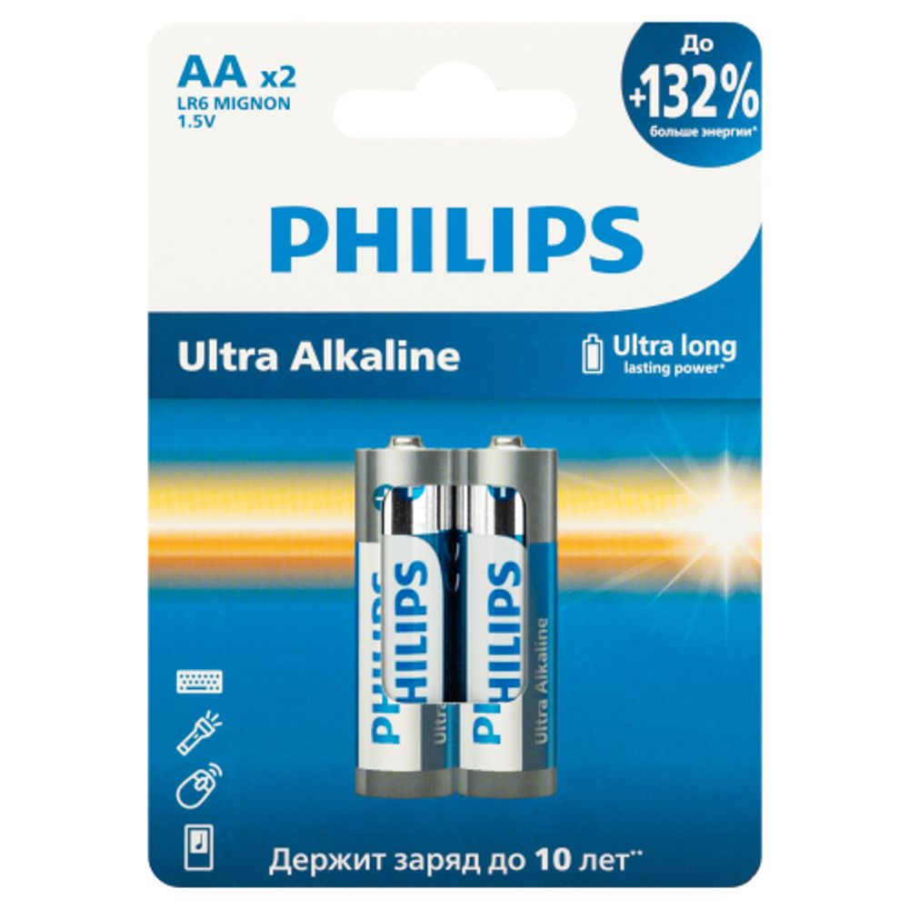 Батарейки Philips LR6E2W/51 АА алкалиновые 1,5v 2 шт. LR6-2BL Ultra (2/24/144/11520)