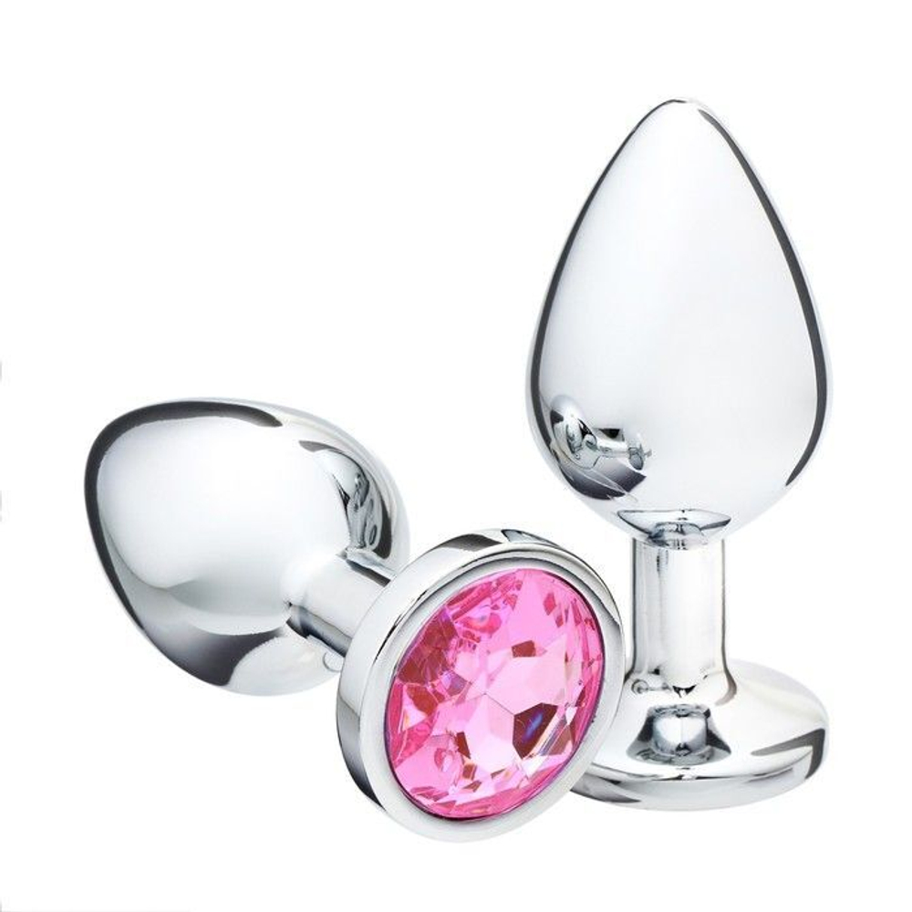 Серебристая коническая анальная пробка с розовым кристаллом - 9 см. (Цвет: розовый)