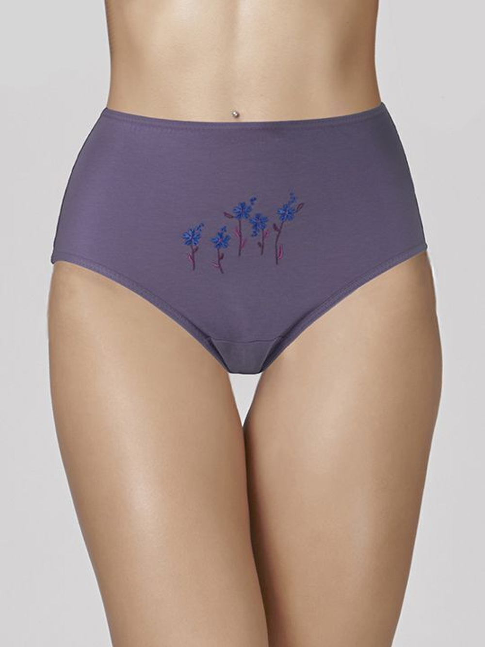 Высокие хлопковые трусы-слипы с цветочной вышивкой (Размер: XXXL) (Цвет: голубой)