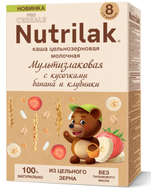 Детская каша молочная цельнозерновая Nutrilak мультизлаковая с кусочками банана и клубники С 8 месяцев