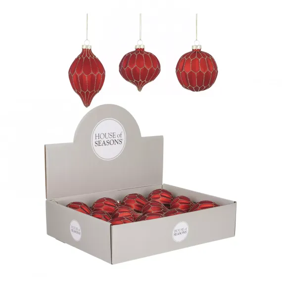 Набор стеклянных украшений Золотой узор 80 мм., 12 шт., красный, Christmas DeLuxe (86800)