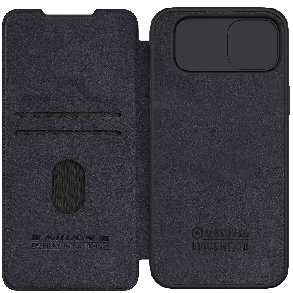 Кожаный чехол книжка от Nillkin для iPhone 15, серия Qin Pro Leather с защитной шторкой для камеры