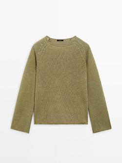 Massimo Dutti Свитер из льняного трикотажа с круглым вырезом, зеленый
