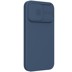 Чехол синего цвета с шелковистым покрытием от Nillkin c поддержкой беспроводной зарядки MagSafe для iPhone 13 Pro, серия CamShield Silky Magnetic Silicone