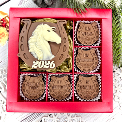 Шоколадный набор "Лошадь 2026. Подковы": шоколадка и 5 конфет ручной работы