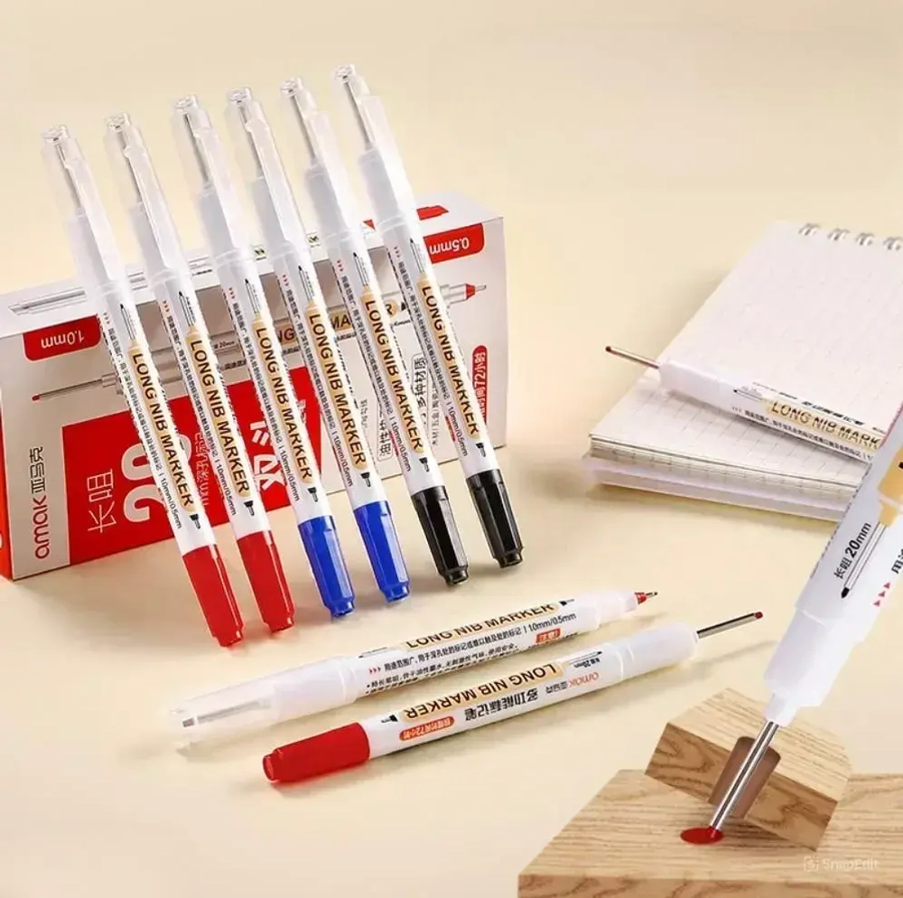Маркер строительный тонкий разметочный с длинным наконечником / 5 шт (черный, красный, зеленый, синий, белый) / Маркеры строительные набор для разметки по металлу, дереву, стеклу, ткани перманентный