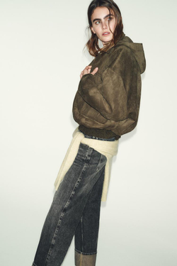 ZARA БОМБЕР ОВЕРСАЙЗ ИЗ ИСКУССТВЕННОЙ ЗАМШИ С КАПЮШОНОМ, ХАКИ