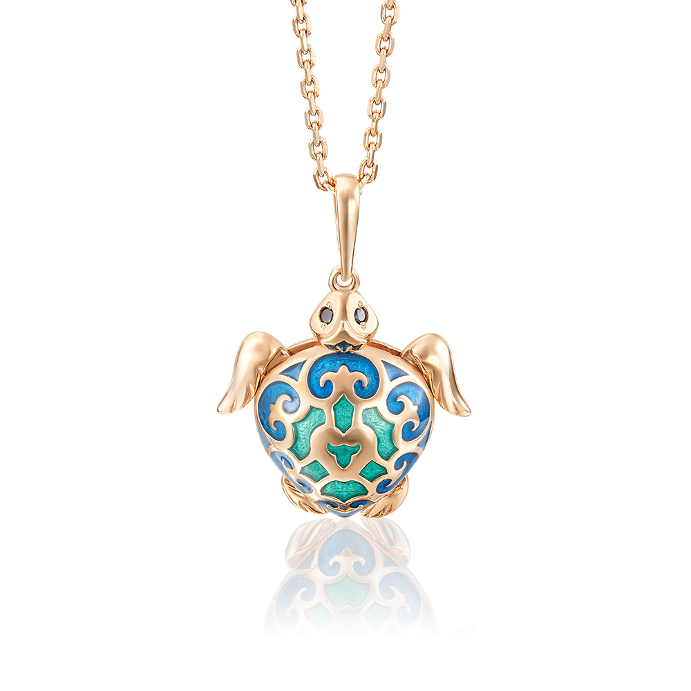 Подвеска «Лазурная черепаха» из красного золота с фианитами и эмалью