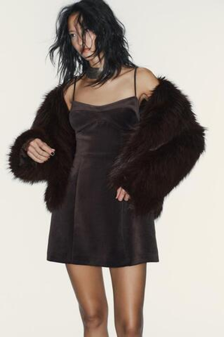 ZARA КОРОТКОЕ ПЛАТЬЕ НА БРЕТЕЛЯХ, ТЕМНЫЙ-СЕРО-КОРИЧНЕВЫЙ