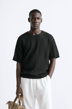 ZARA ФУТБОЛКА ИЗ АЖУРНОГО ТРИКОТАЖА, ЧЕРНЫЙ