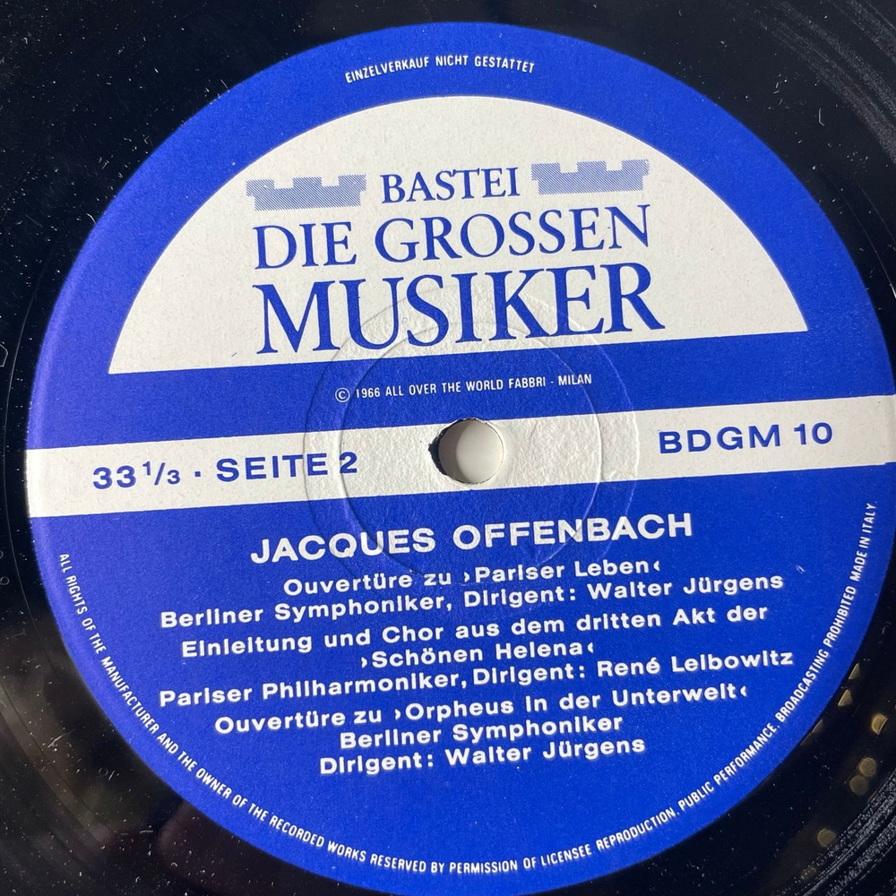 Винтажная виниловая пластинка LP Jacques Offenbach Жак Оффенбах, In Einem Band (Германия 1968) 10 дюймов