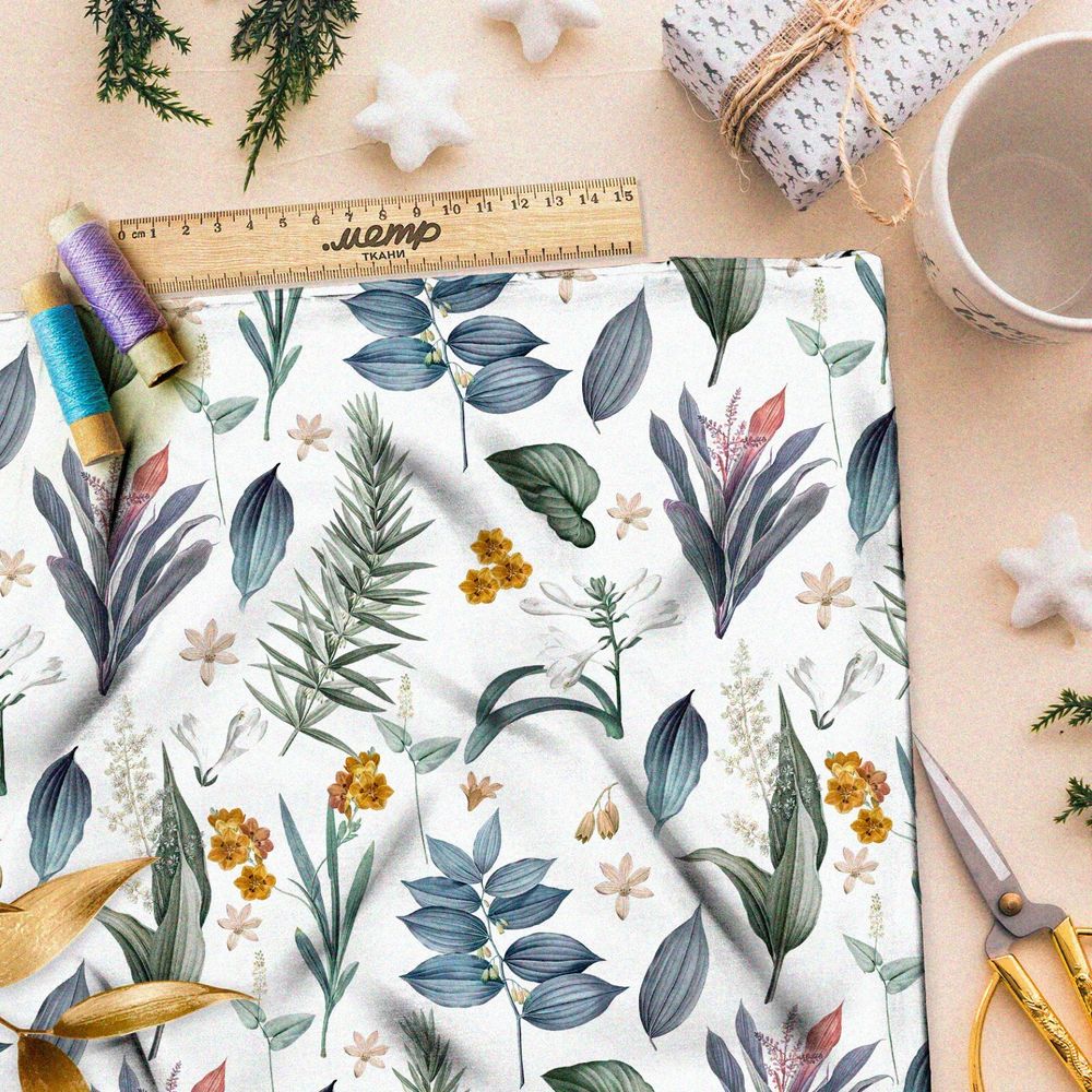 Ткань атлас маслом нарисованные полевые листья