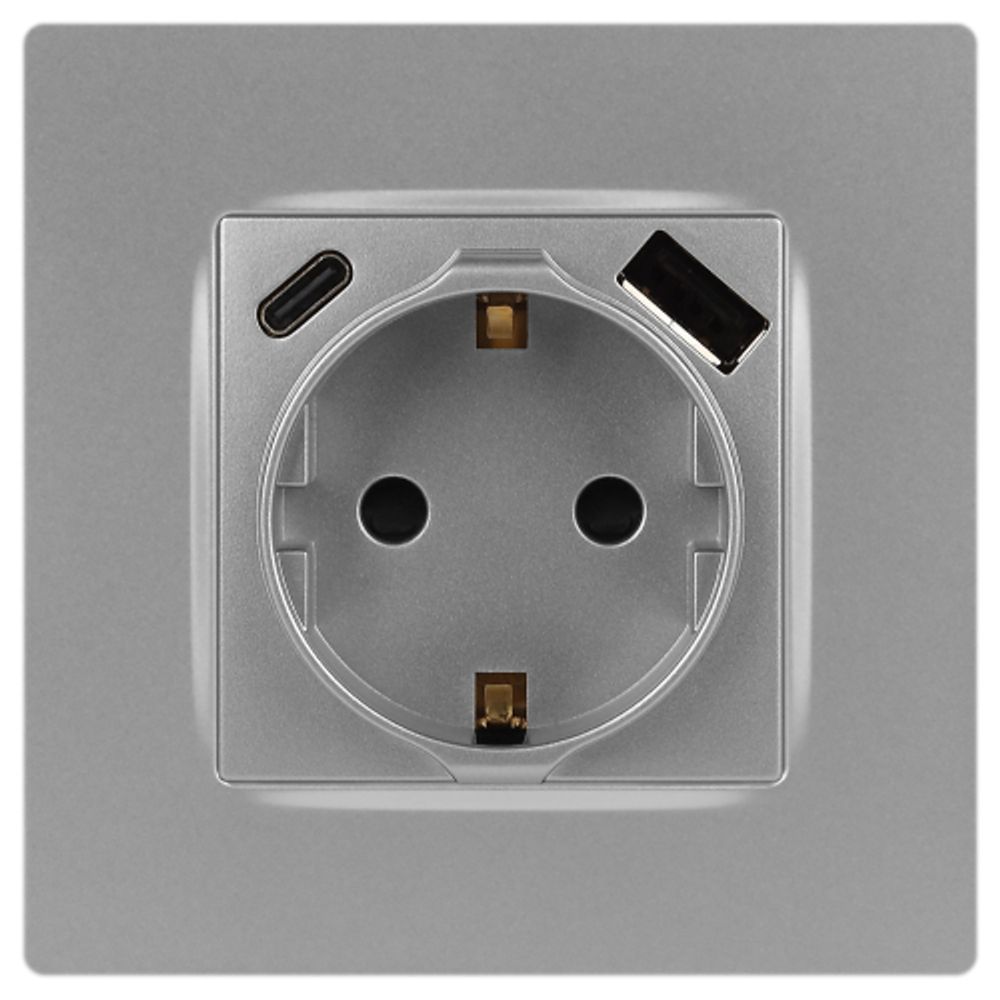 Розетка ЭРА Серия 12 12-4108-03 2P+E 16A-250В со шторками с USB type-A+C 5В-3А алюминий