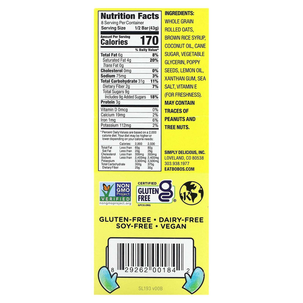 Bobo's Oat Bars, Лимонный мак, 4 батончика по 85 г (3 унции)