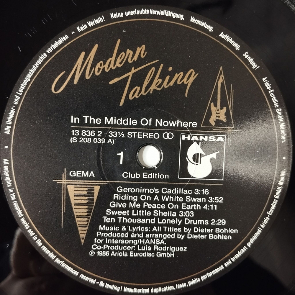 Винтажная виниловая пластинка LP Modern Talking In The Middle Of Nowhere The 4th Album (Germany 1986) (Club Edition) Geronimo's Cadillac