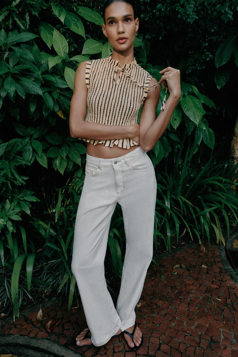 ZARA ТОП В ПОЛОСКУ С ЖАТКОЙ, ЭКРЮ/ЧЕРНЫЙ