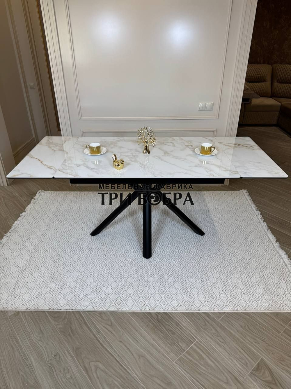 Кухонный раскладной стол "Монако" из керамогранита, белый мрамор