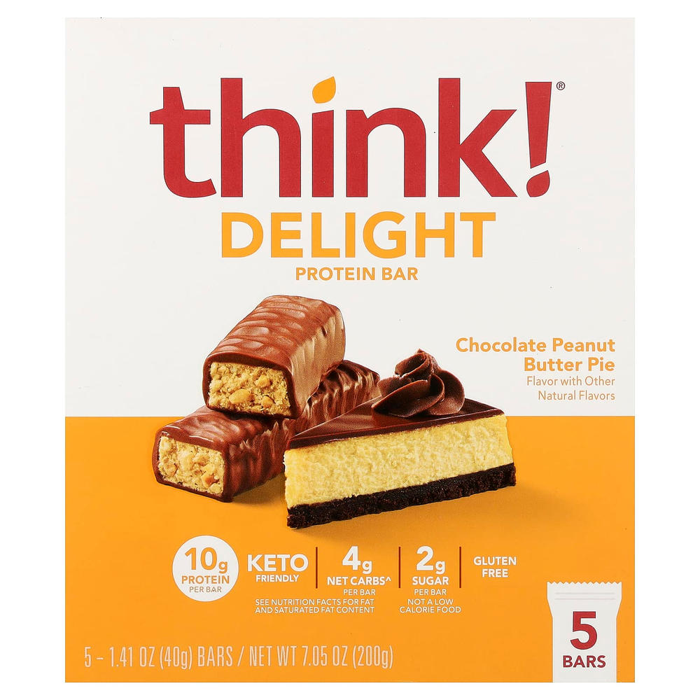 Think !, Delight Protein, протеиновый батончик, шоколадный пирог с арахисовой пастой, 5 шт. по 40 г (1,41 унции)