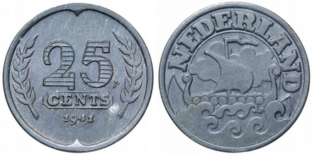 Нидерланды 25 центов, 1941 - 1943 Парусник XF