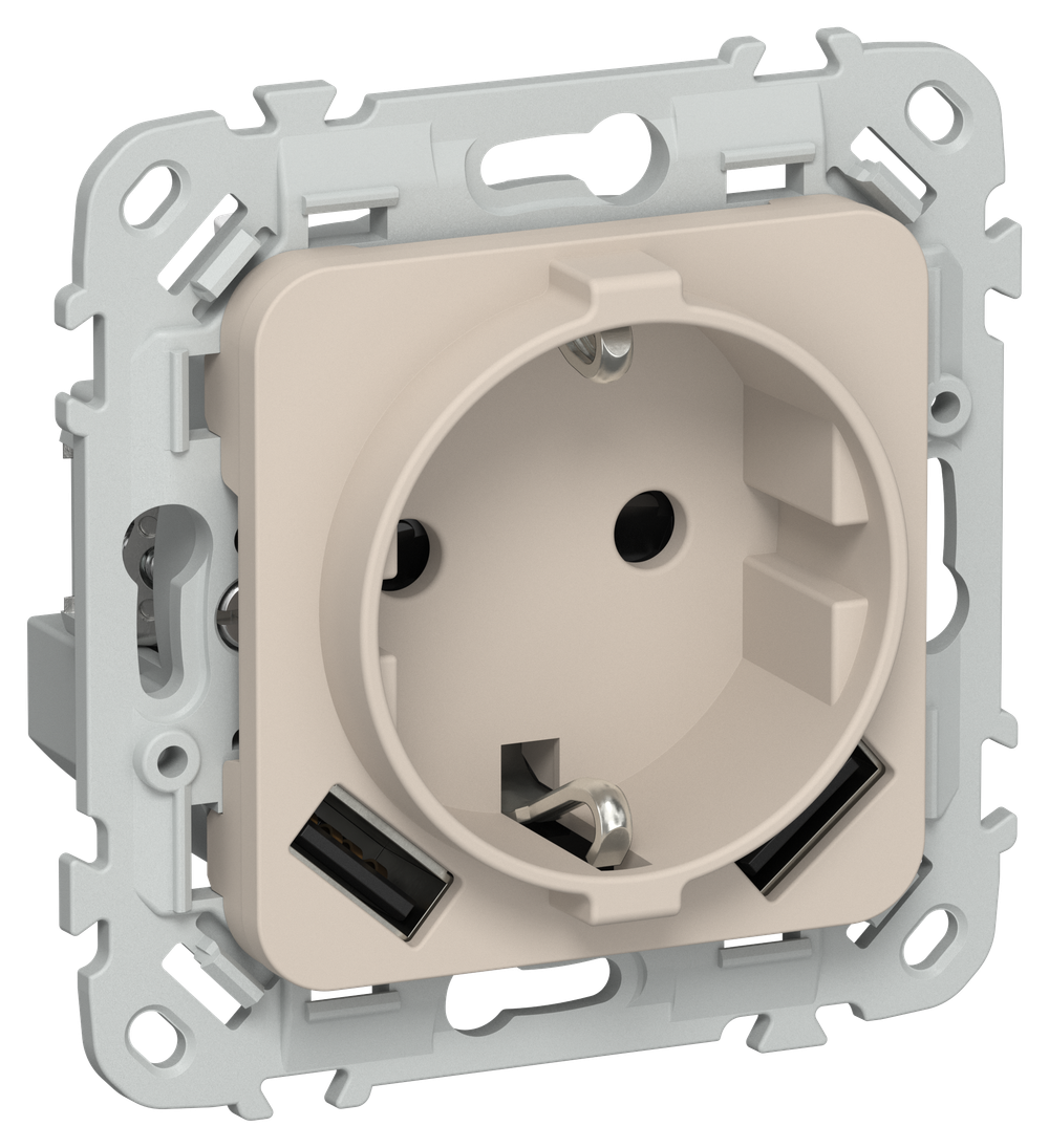 FLITE Розетка 1-местная с заземлением с защитными шторками 16А с USB A+A 3,1А безвинтовое крепление РСЮша11-1-ФлЛ льняной IEK