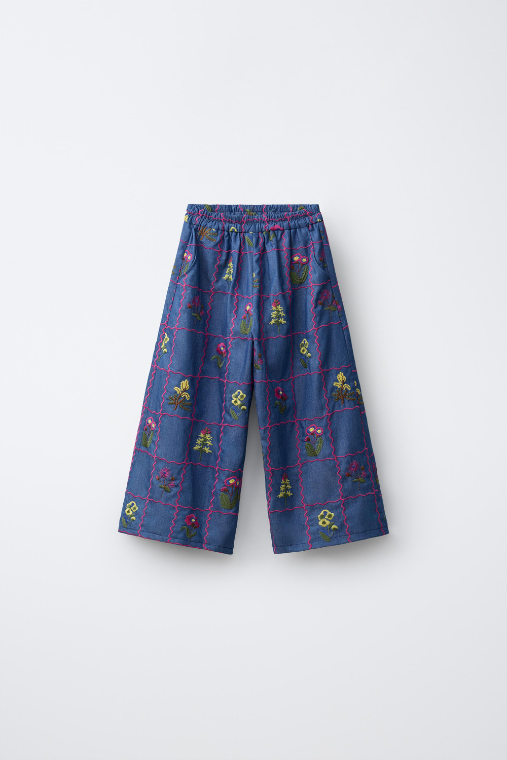 ZARA БРЮКИ WIDE LEG С ВЫШИВКОЙ, ИНДИГО