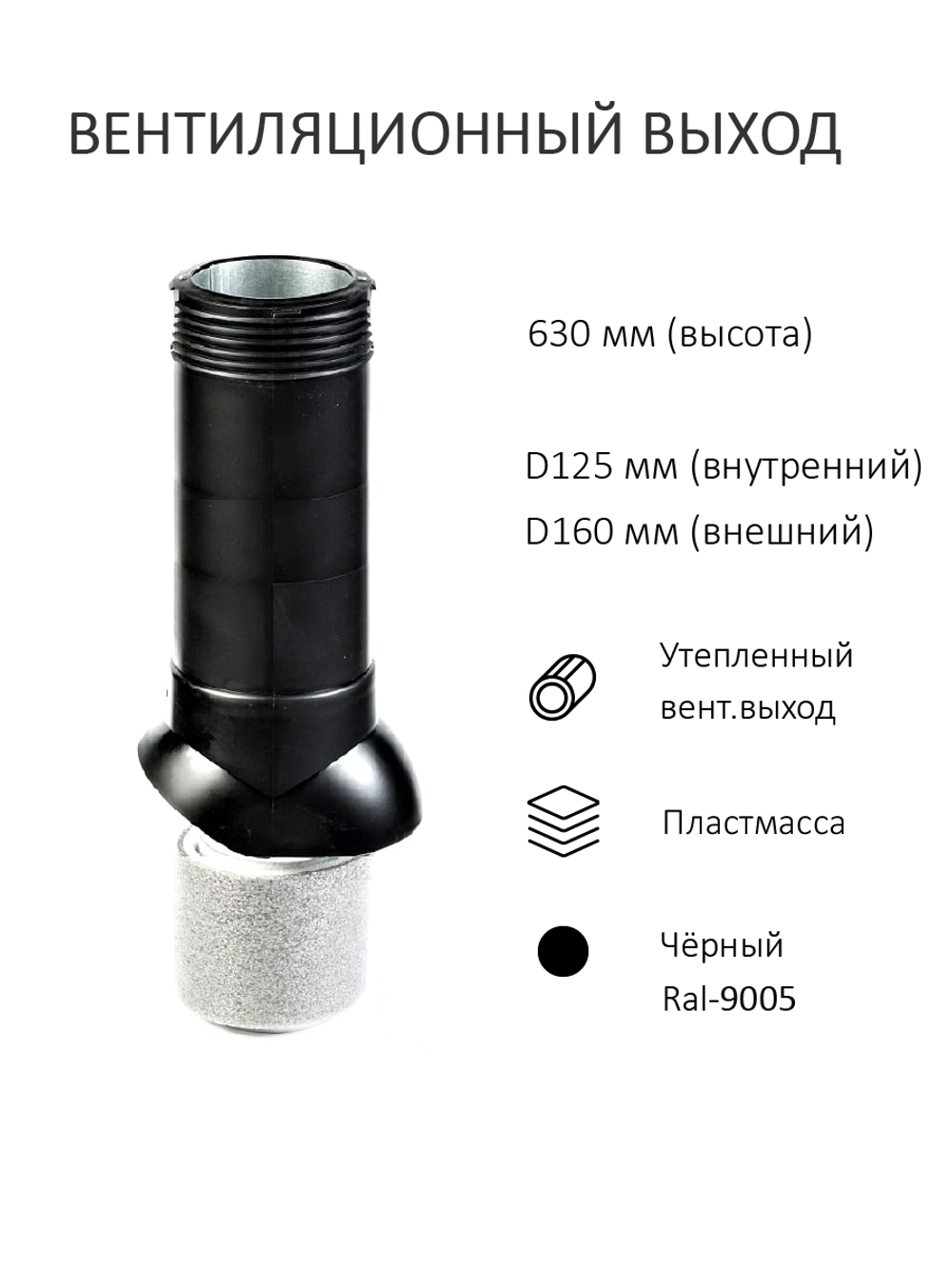 Комплект активной вентиляции: Вентиляционный выход изолированный D125/160 утепленный высота H=700 мм, проходной элемент для плоской кровли ТП-187, турбодефлектор Ø 160 мм, серый