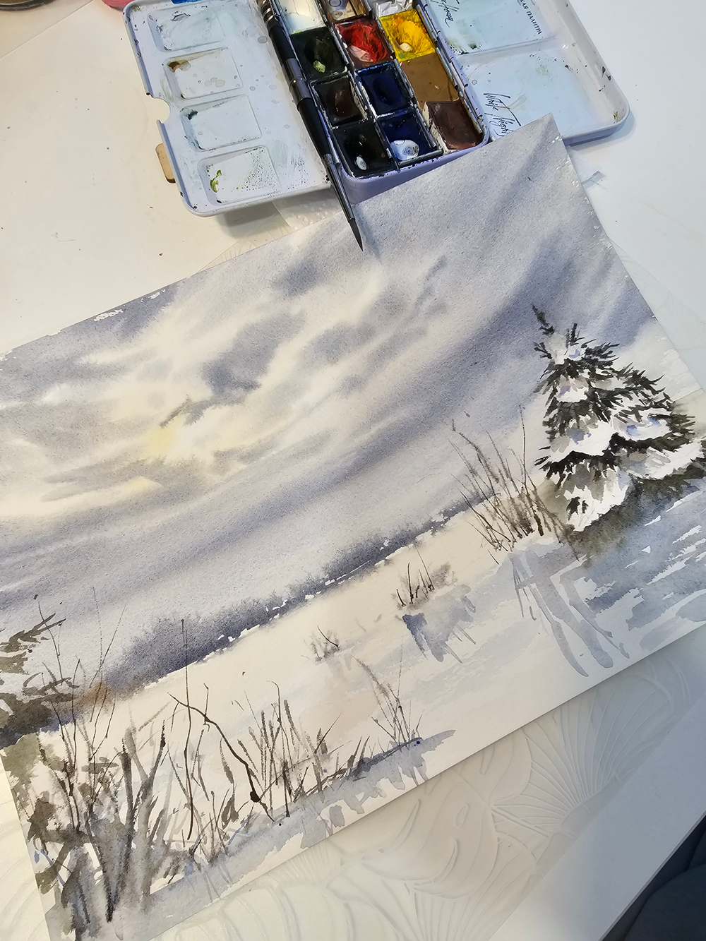 Картина авторская акварельная в паспарту 30х40 см на стену для интерьера "Поздний рассвет. Зима"