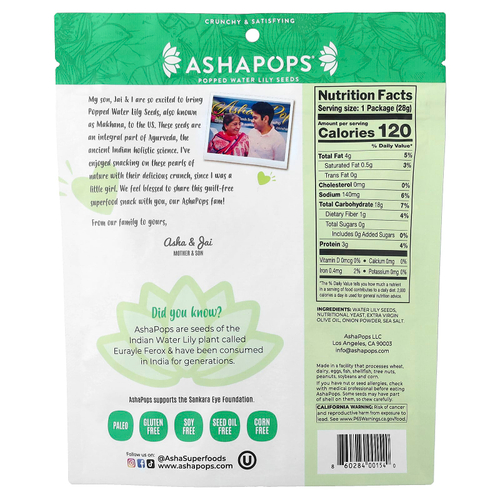 AshaPops, Popped Water Lily Seeds, веганский сыр, 28 г (1 унция)