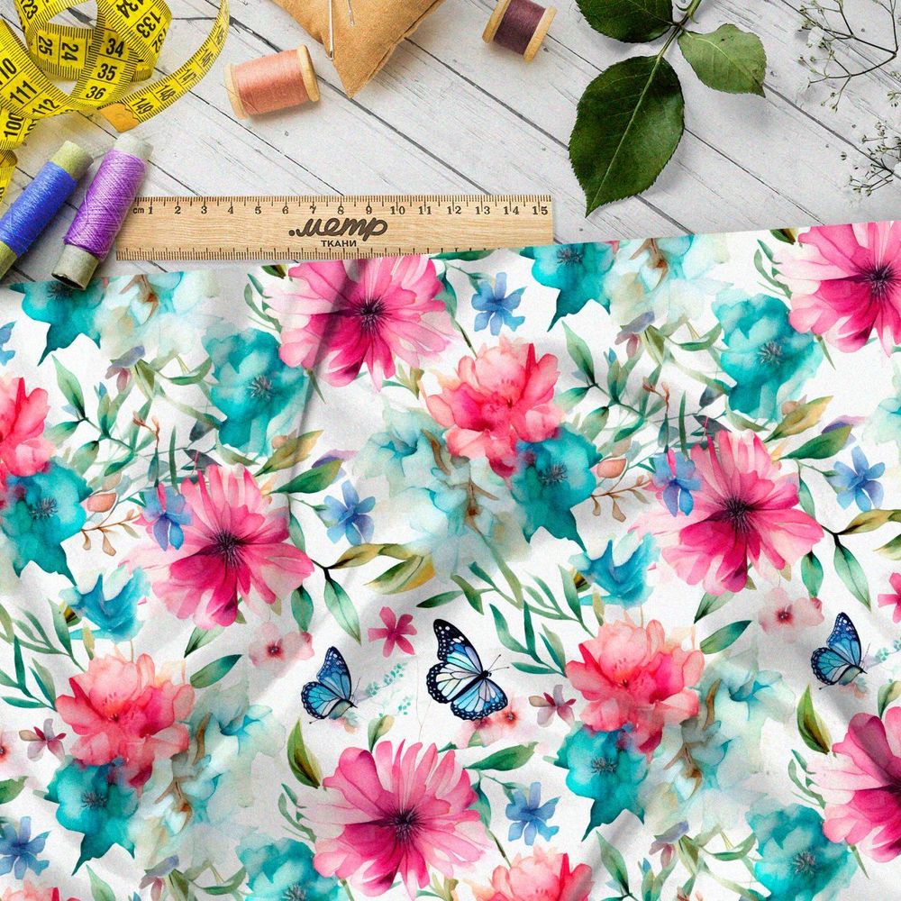 Ткань премиум сатин бабочки в акварельных цветах