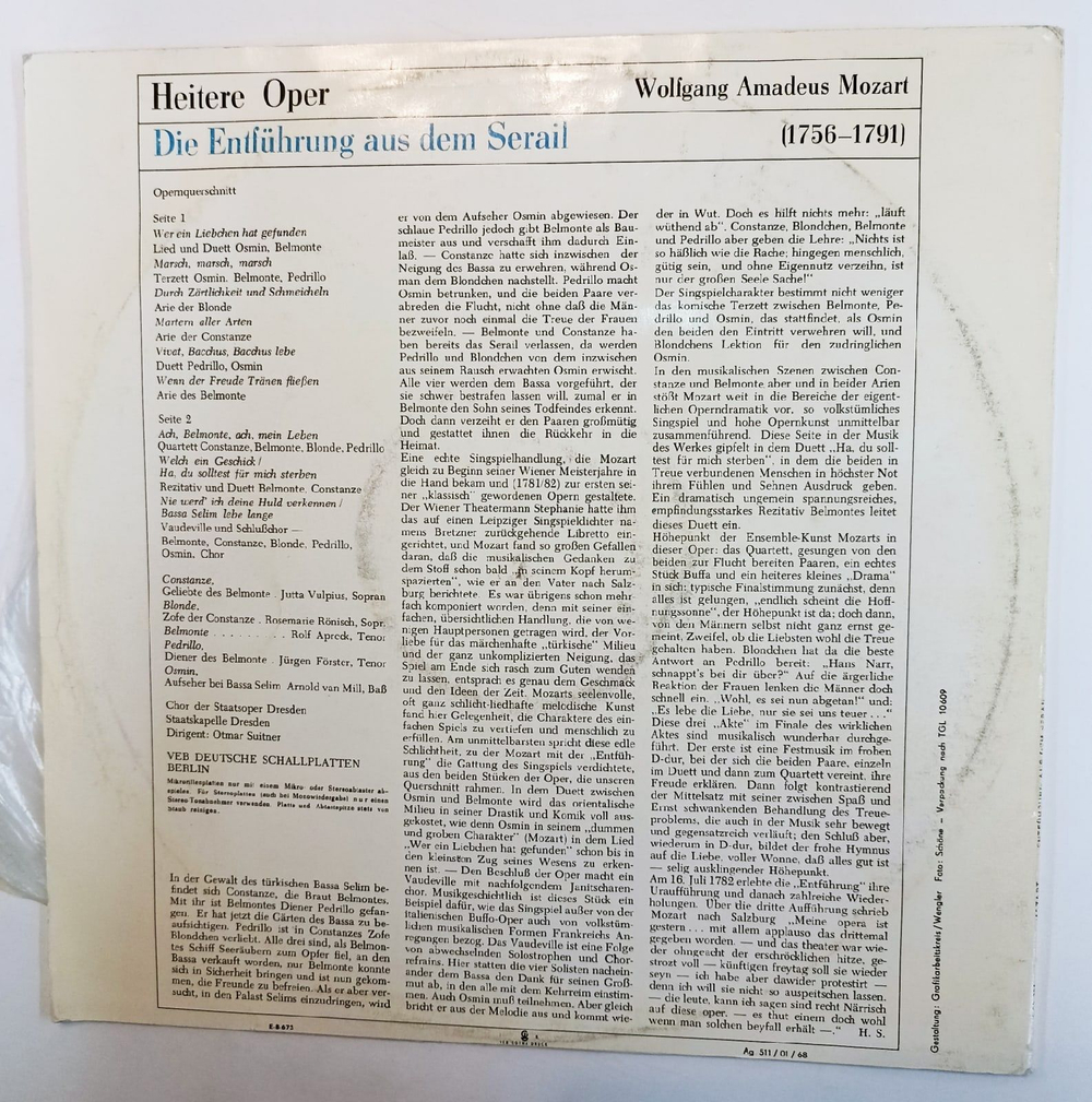 Винтажная виниловая пластинка Wolfgang Amadeus Mozart В.А. Моцарт Die Entfuhrung Aus Dem Serail (Opernquerschnitt) (GDR 1968)
