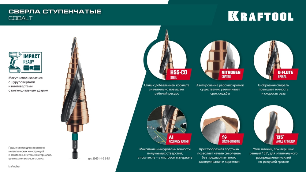 KRAFTOOL COBALT 4-12мм, 9 ступеней, азотирование, винтовая спираль, сверло ступенчатое(29691-4-12-9)