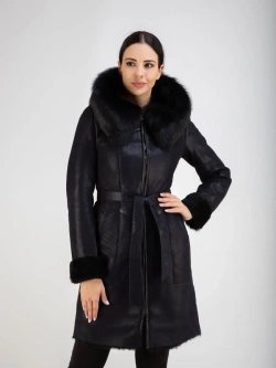 Дубленка женская натуральная с капюшоном длинная Турция