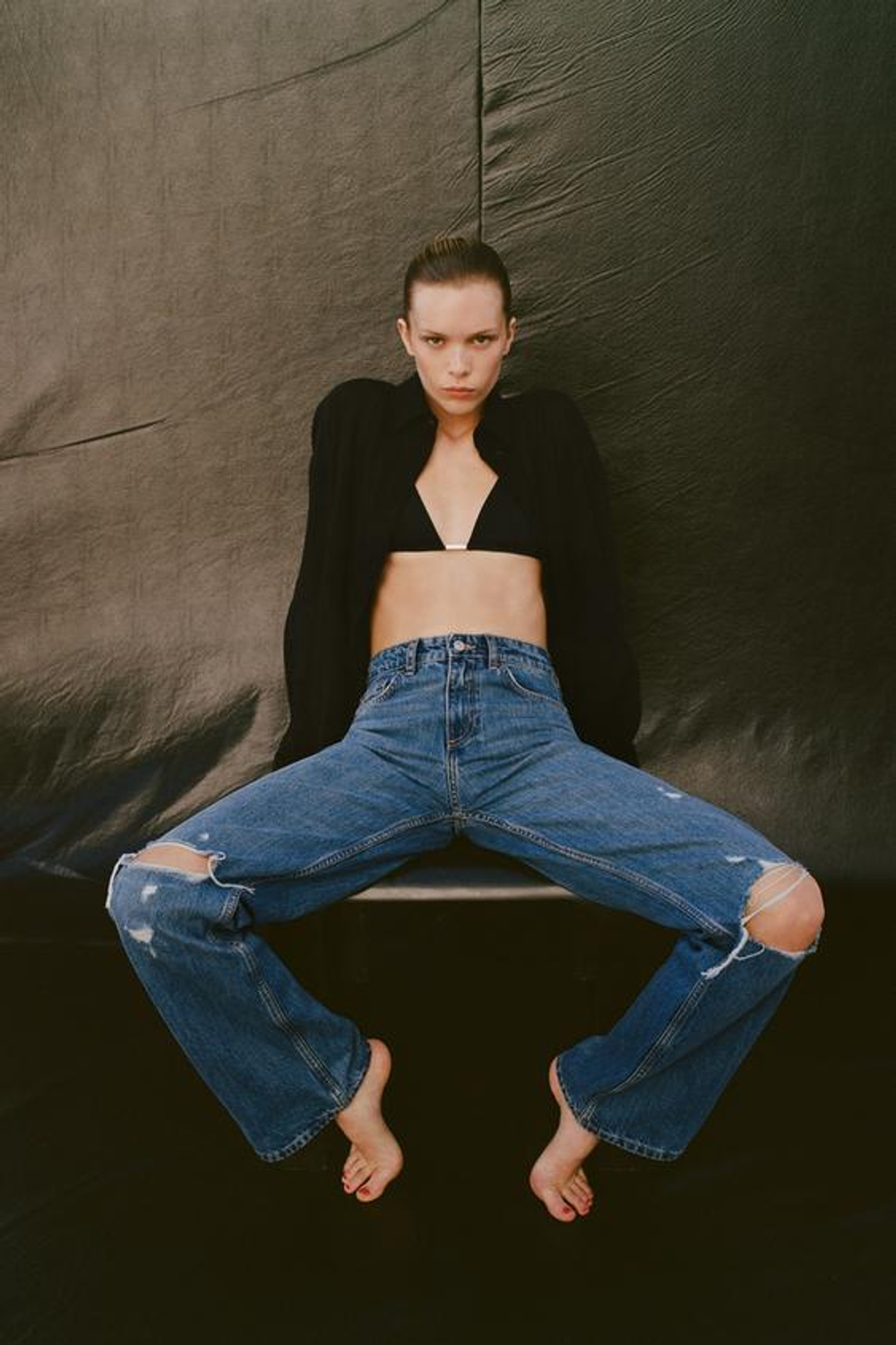 ZARA ДЖИНСЫ СО СРЕДНЕЙ ПОСАДКОЙ И РАЗРЕЗАМИ TRF WIDE LEG, МОРСКОЙ СИНИЙ