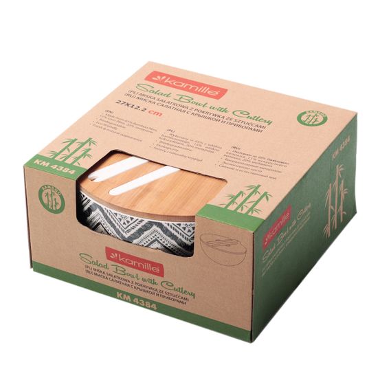 Миска для салата из бамбукового волокна Kamille КМ 4384 с бамбуковой крышкой и приборами