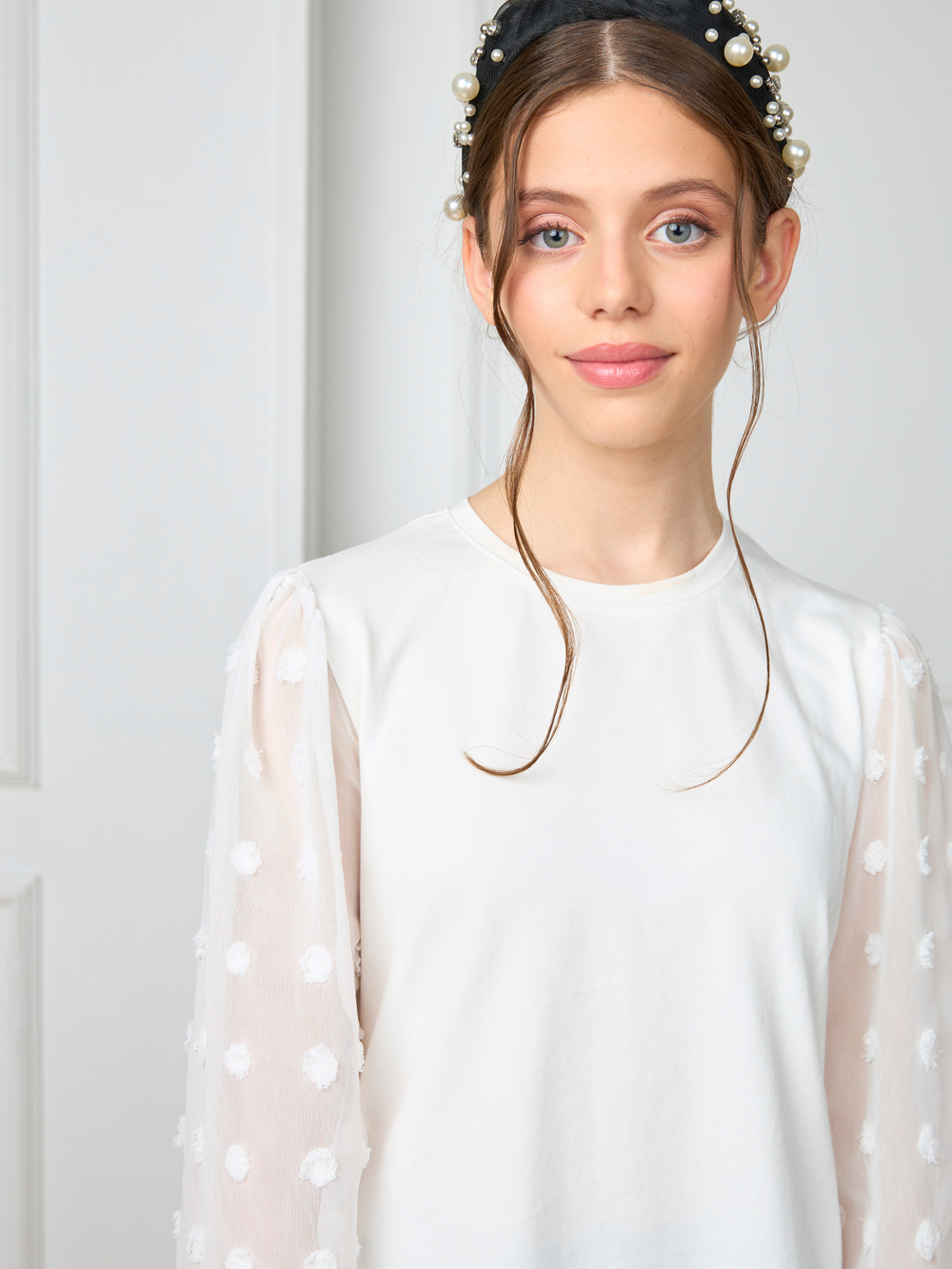 Блузка школьная для девочки рукав шифон молочная