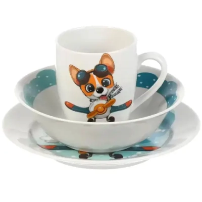 Набор детской посуды фарфор, 3 шт, Летчик Корги, тарелка 17.5 см, салатник 360 мл, кружка 210 мл, Daniks