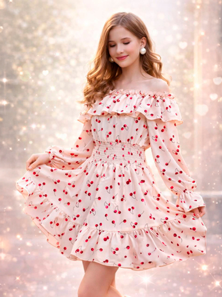 Платье для девочки нарядное с вишнями молочное