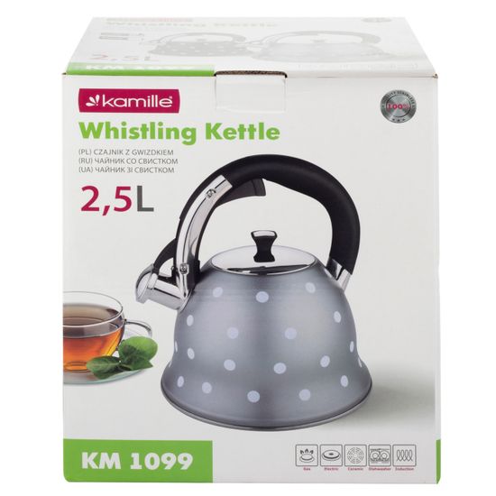 Чайник 2,5 л. из нержавеющей стали со свистком Kamille KM-1099 с рисунком "горошек"