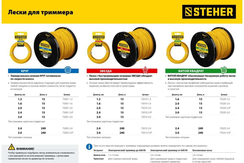 Леска для триммера STEHER Витой квадрат 1.6 мм, 15 м 75020-1.6