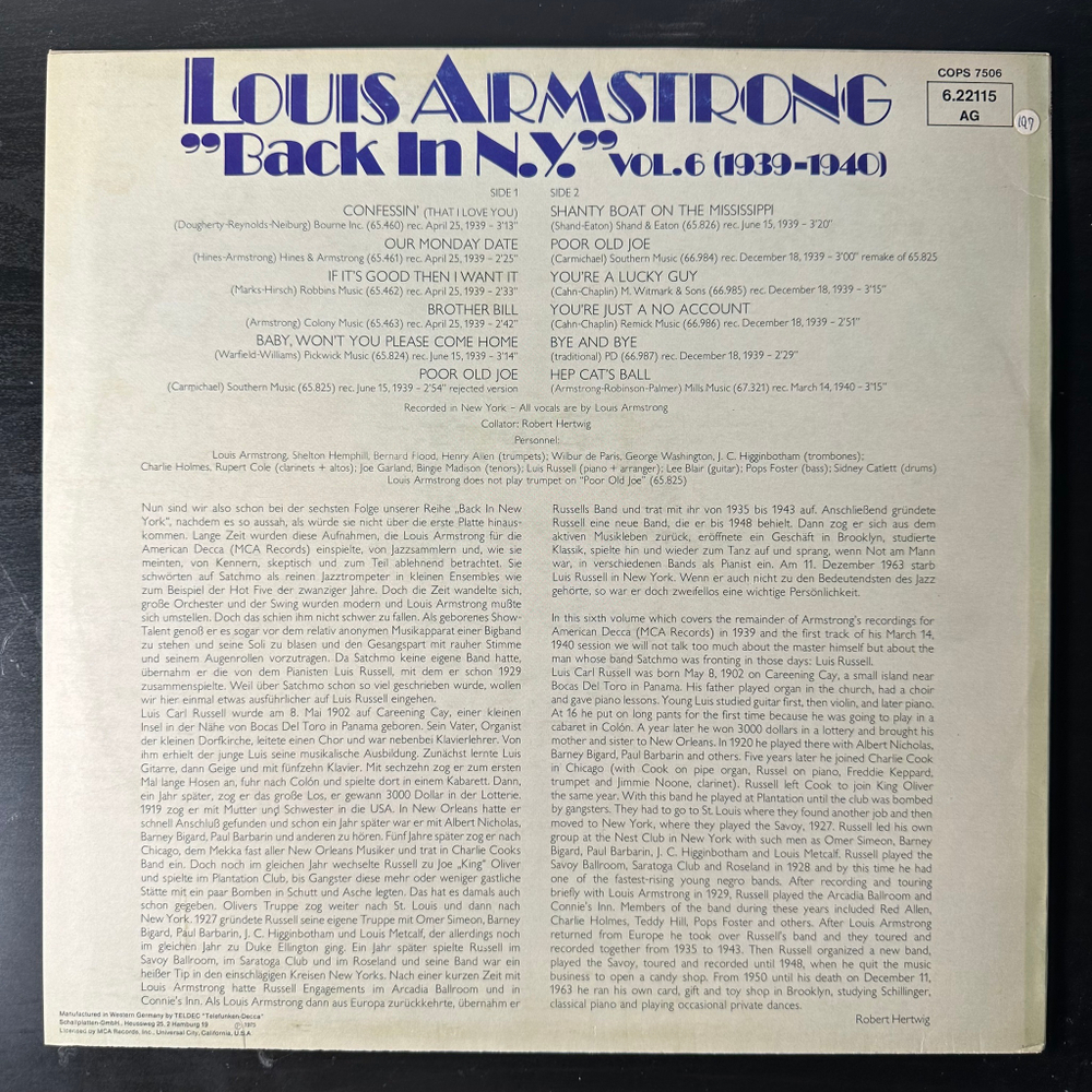Louis Armstrong ‎– Back In N.Y. Vol. 6 (Германия 1975г.)