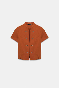 ZARA ТОП С КОРОТКИМИ РУКАВАМИ И ПУГОВИЦАМИ, ТЕРРАКОТОВЫЙ