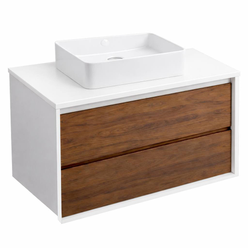 Тумба под раковину COOL с 2 выдвижными ящиками 60x45x54 CL.060.WNOGAL белый/орех+Столешница накладная на тумбу для раковины-чаши FLAT 61x46 EP061.W белый+Раковина накладная прямоугольная 470x360x110 мм QTRO47 23509 белый