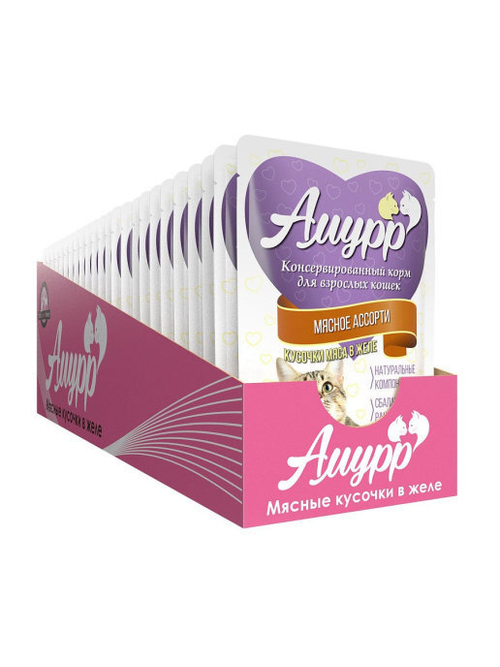 Амурр Влажный корм для взрослых кошек, мясное ассорти в желе, 24 шт x 100 г