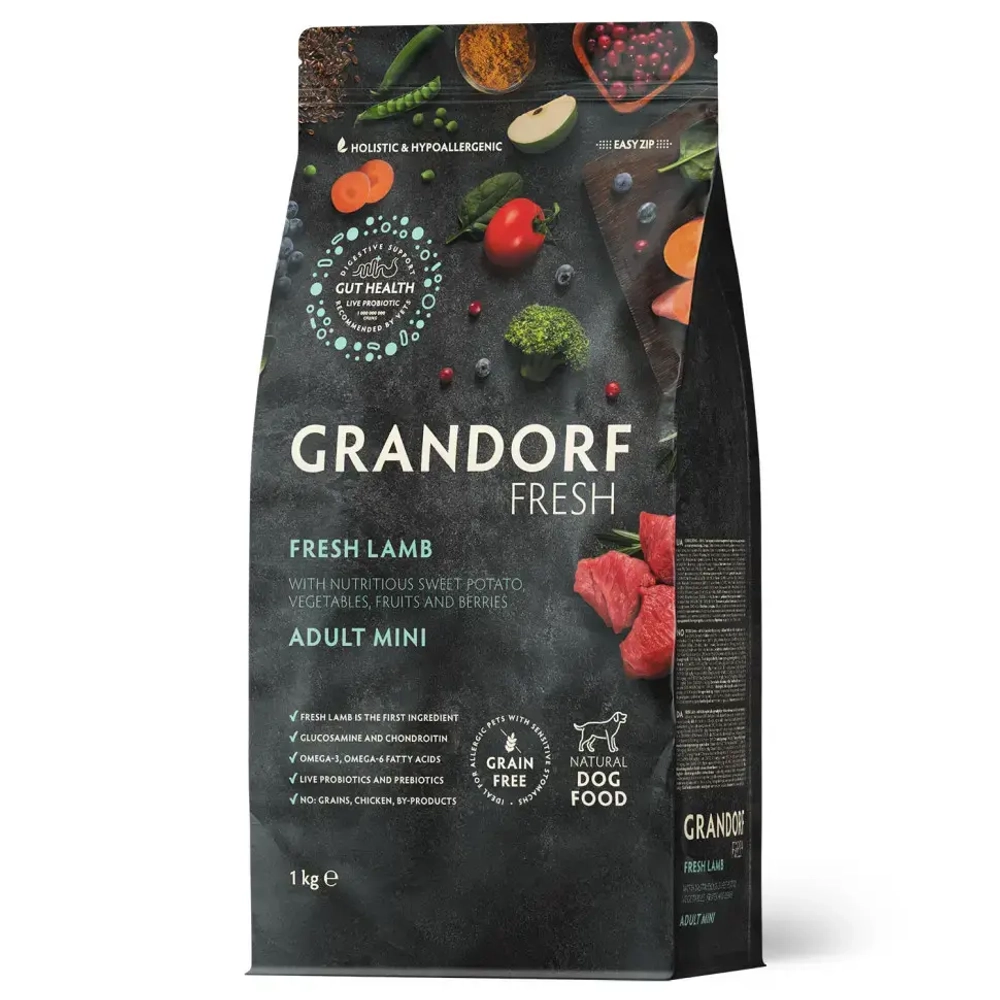 Grandorf fresh dog adult mini lamb&sweet potato сухой беззерновой корм с живыми пробиотиками для взрослых собак мелких пород с ягненком и бататом - 1 кг
