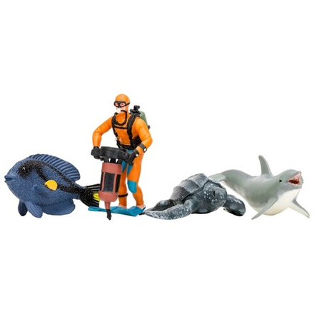 Фигурки игрушки серии "Мир морских животных": Дельфин, кожистая черепаха, рыбка-хирург, дайвер