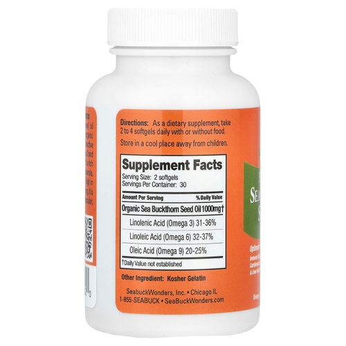SeaBuckWonders, Масло семян облепихи, 60 мягких таблеток (500 мг в 1 капсуле)