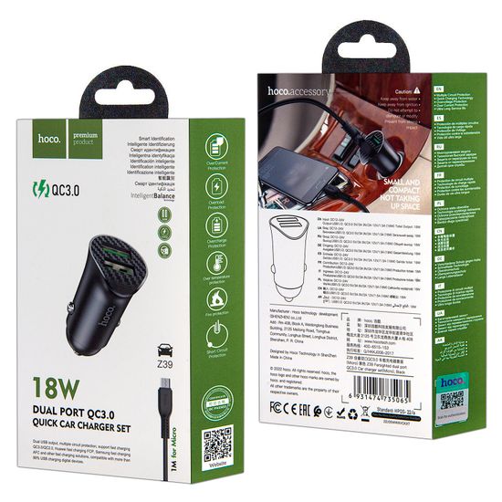 Автомобильное зарядное устройство Z39 USB на Micro USB + 2 USB 18W Hoco черное