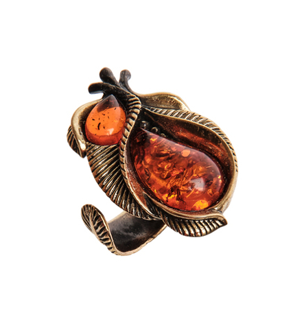 AM-2663 Кольцо «Винтажный лист» (латунь, янтарь)